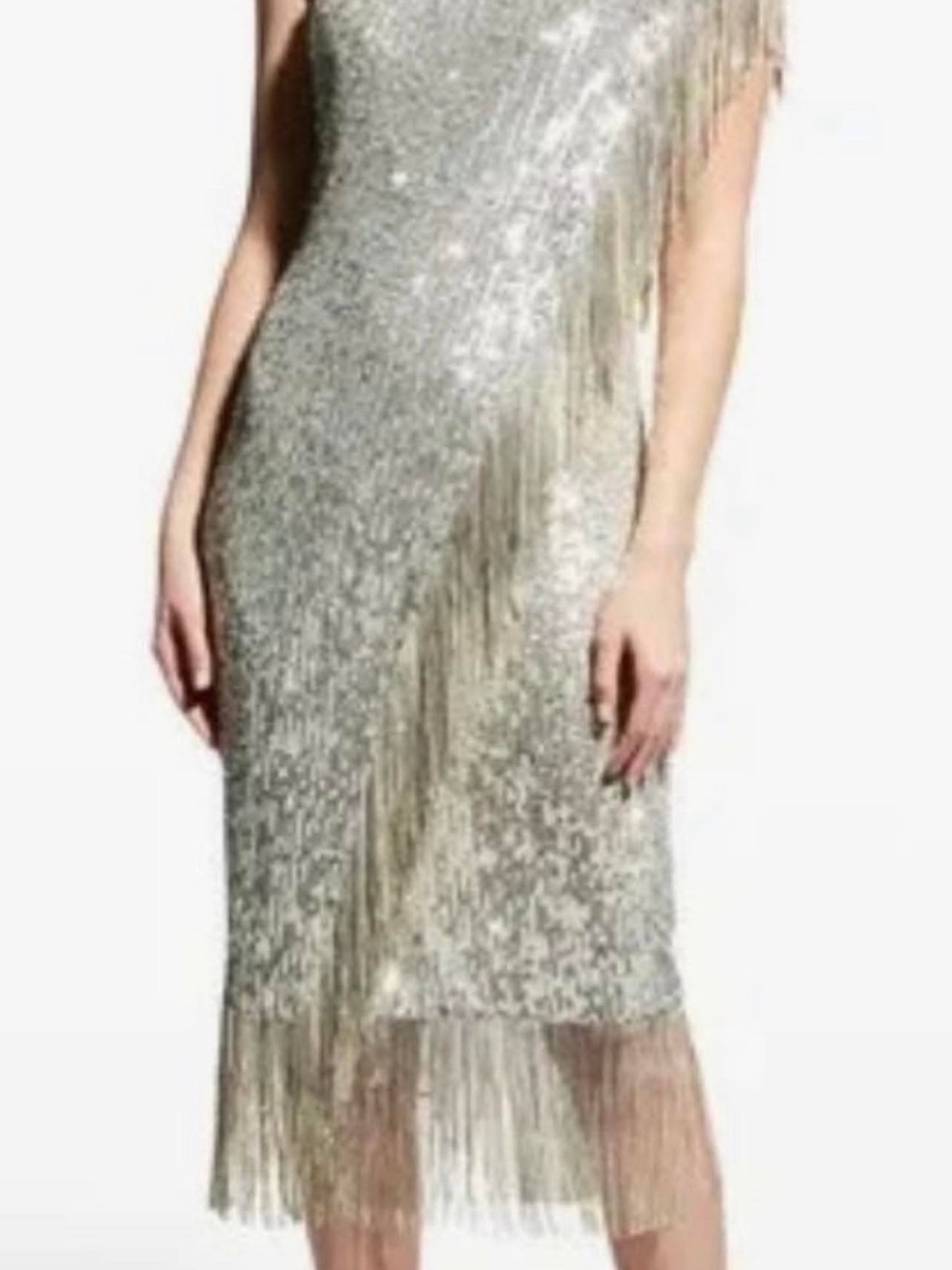 Badgley Mischka Silver Fringe Sequin Midi Dress